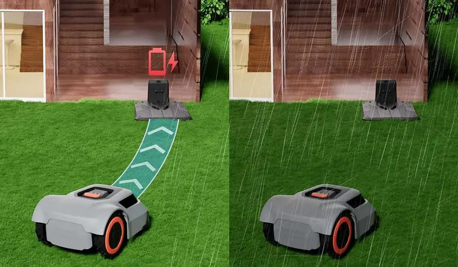 Een Worx robotmaaier rijdt naar het laadstation met lege batterij; op de andere helft maait hij in de regen verder.