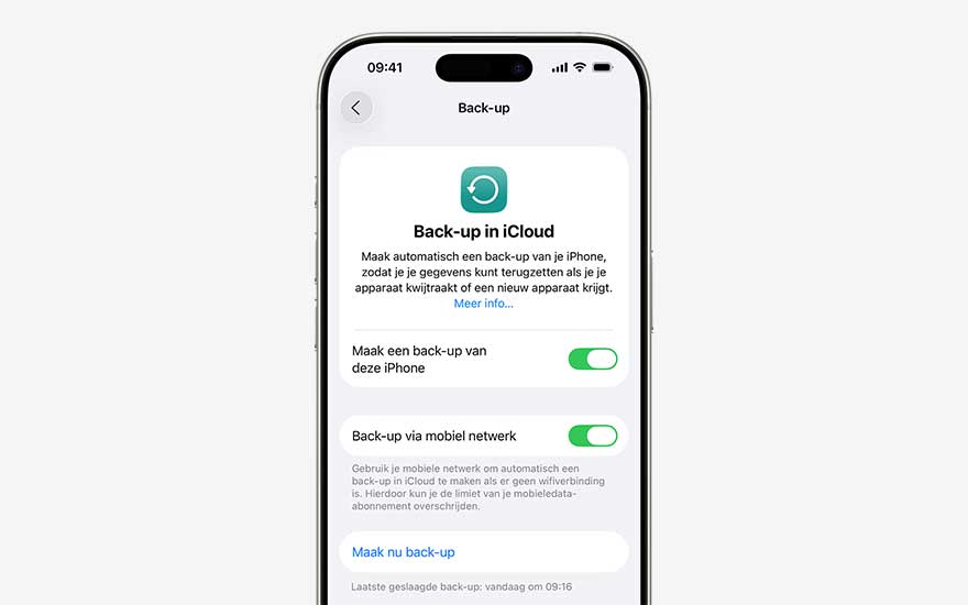 Een iPhone toont de pagina ‘Back up in iCloud’, met tekst in het Nederlands en meerdere groene schakelaars om automatische back ups in te schakelen.