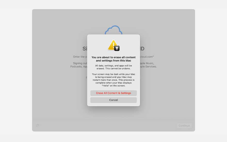 Fenêtre contextuelle Mac gris clair avec avertissement jaune. Message: effacer tout le contenu et les paramètres. Boutons: effacer, annuler.