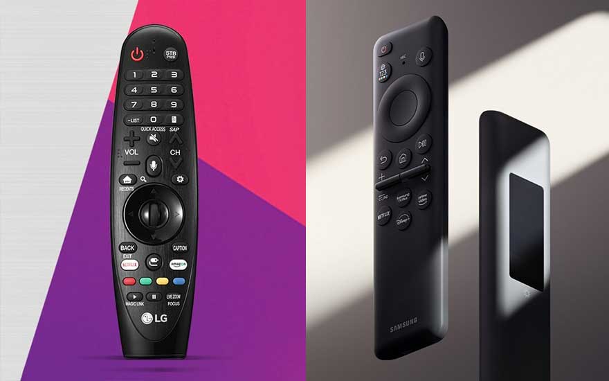 Deux télécommandes noires : une LG avec boutons colorés sur fond rose/violet, et une Samsung sur fond clair.