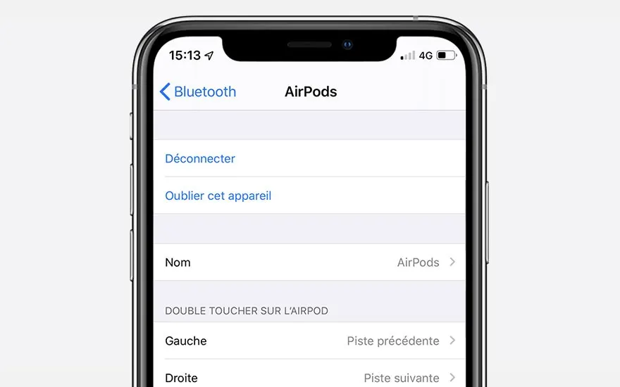 Capture d'écran d'un iPhone affichant les paramètres Bluetooth pour des AirPods connectés. Options : "Déconnecter", "Oublier cet appareil".