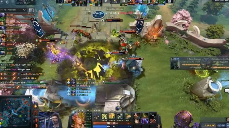 A screenshot from the Dota 2 game. The game screen shows a battle scene with various characters and effects. The interface includes stats, a minimap, and character portraits.