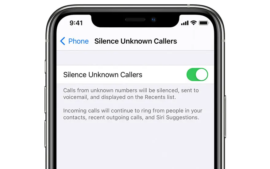 Écran de smartphone affichant les paramètres "Silence Unknown Callers" activés. Le bouton vert est visible.