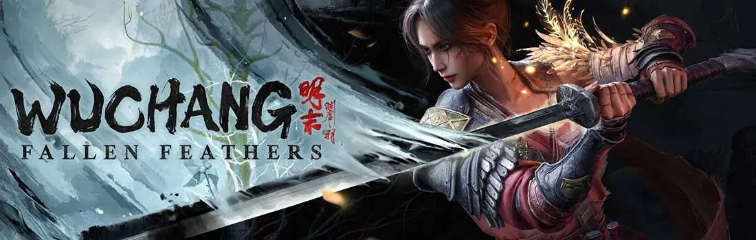 Un guerrier aux cheveux longs brandit une épée dans un décor mystique. Le titre du jeu "Wuchang: Fallen Feathers" est affiché en évidence.