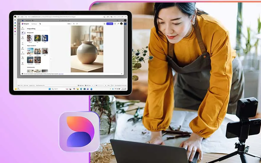 Een vrouw in een gele trui buigt over een laptop, naast haar een camera; op het scherm staat een ontwerpprogramma met een vaas.