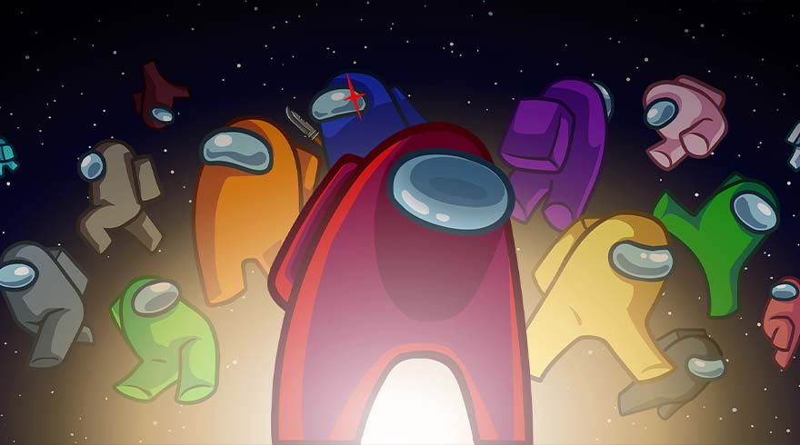 Divers personnages colorés "Among Us" flottent dans l'espace sombre parsemé d'étoiles, avec une lumière vive en dessous.