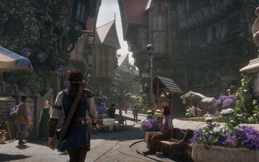 Une aventurière traverse une rue médiévale animée, bordée d’étals fleuris, de maisons à colombages penchées et d’habitants qui discutent.