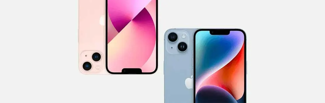 Deux smartphones sur fond blanc : un rose avec deux objectifs, un bleu clair avec deux objectifs. Les écrans affichent des motifs abstraits colorés.