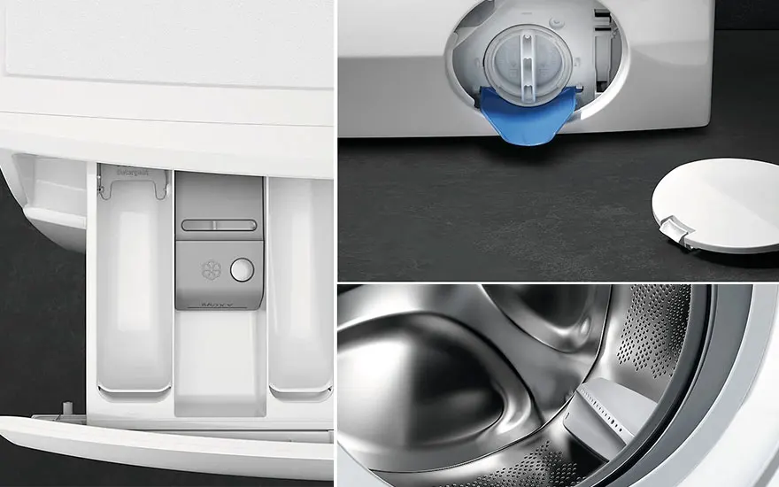 Gros plan d'un lave-linge blanc : bac à lessive ouvert, filtre avec bouchon bleu, et tambour en acier inoxydable.