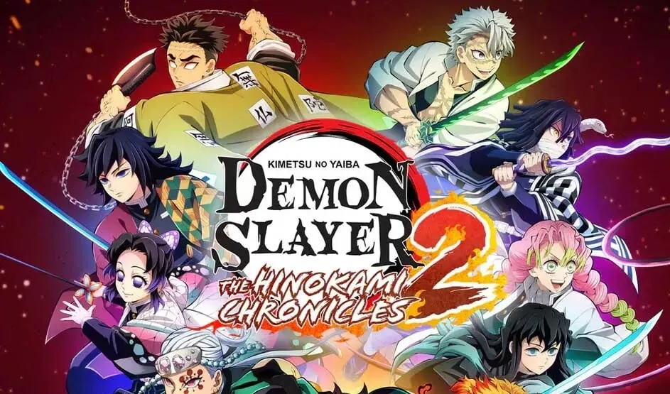 Dit is een videogame. Personages in kleurrijke kleding met zwaarden, omringd door lichteffecten, rond het logo "Demon Slayer: Hinokami Chronicles 2".