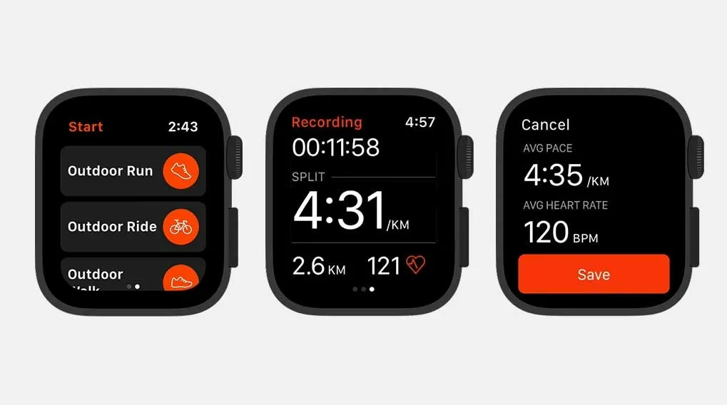 Drie schermen van een smart watch tonen trainingsopties, een opname in uitvoering en gemiddelde snelheidsstatistieken.