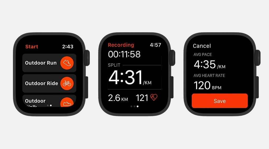 Trois écrans de montre intelligente affichent les options d'exercice, le suivi de la course et les statistiques de fréquence cardiaque.