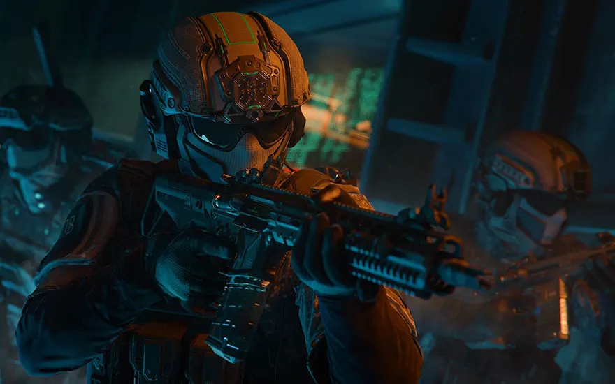Soldat futuriste avec casque avancé et arme dans environnement cyberpunk, éclairage bleu-orange, atmosphère sci-fi
