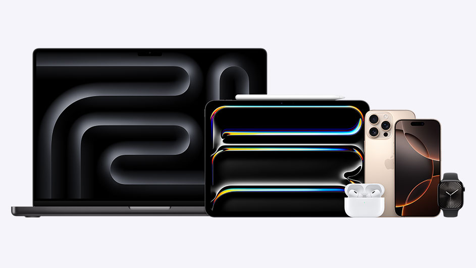 Een laptop, tablet met pen, oortjes, twee telefoons en een horloge op een witte achtergrond.