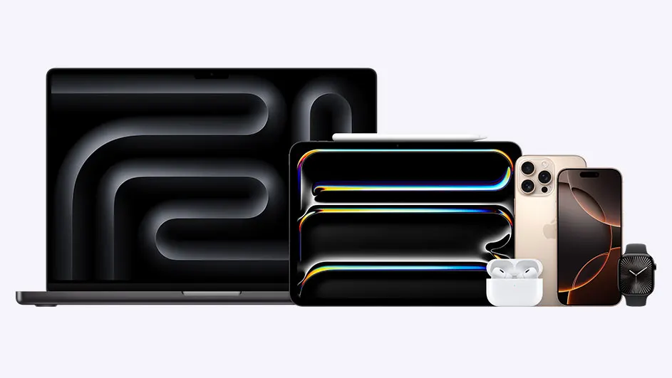 Een laptop, tablet met pen, oortjes, twee telefoons en een horloge op een witte achtergrond.