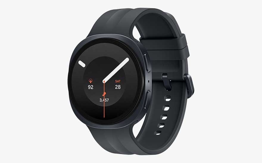 Samsung Galaxy Watch9 met minimalistische digitale wijzerplaat, in de kleur zwart.