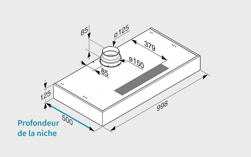 Schéma blanc d'une hotte de cuisine avec des dimensions en millimètres. Une sortie d'air cylindrique est visible sur le dessus.