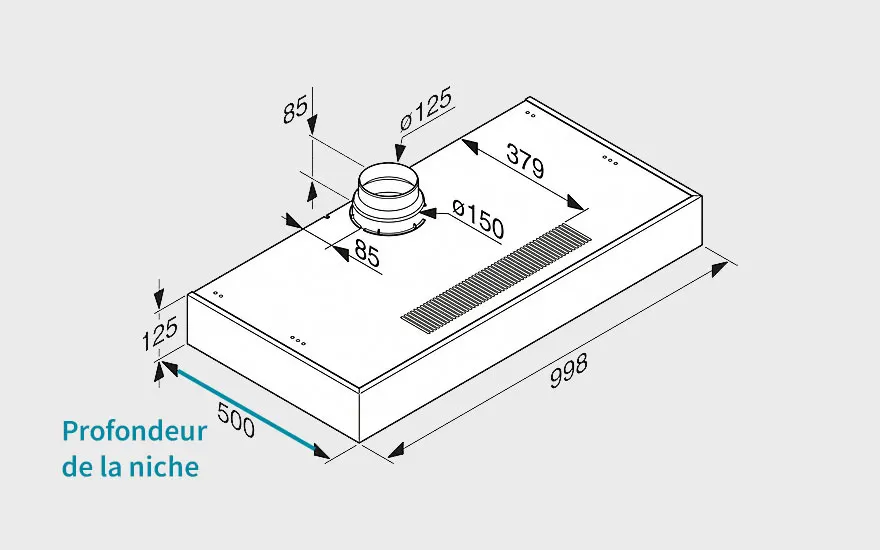 Schéma blanc d'une hotte de cuisine avec des dimensions en millimètres. Une sortie d'air cylindrique est visible sur le dessus.