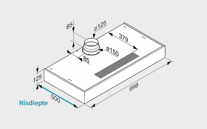 Een technische tekening van een witte afzuigkap met afmetingen in millimeters, tegen een lichtgrijze achtergrond.