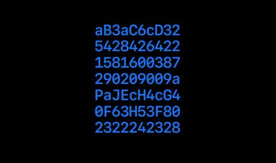Texte bleu sur fond noir, affichant une série de chaînes alphanumériques, telles que 'aB3aC6cD32' et '5428426422'.