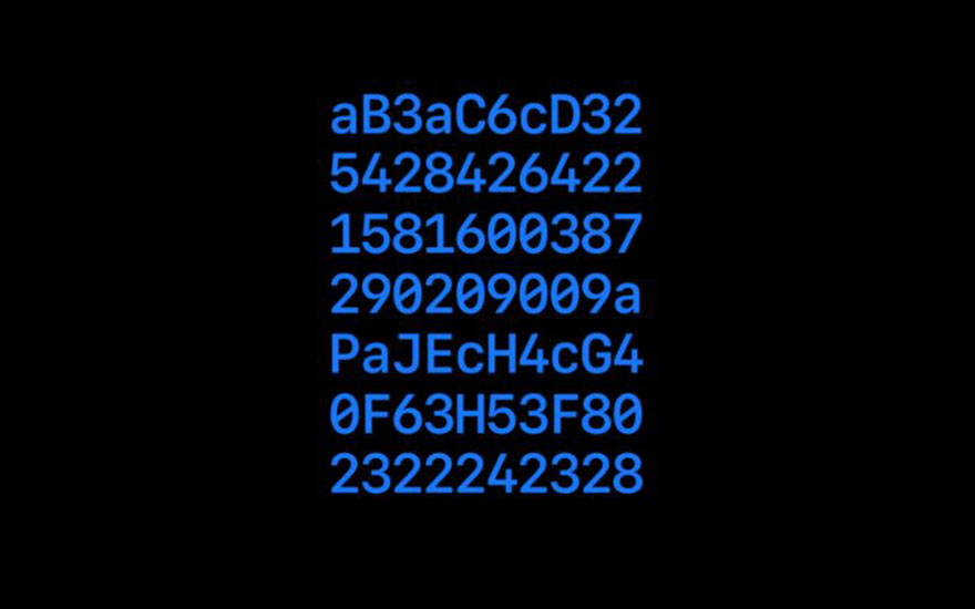 Texte bleu sur fond noir, affichant une série de chaînes alphanumériques, telles que 'aB3aC6cD32' et '5428426422'.