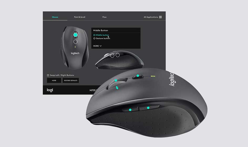 Grijze Logitech M705 muis met instellingenmenu. Scrollwiel en knoppen. Instellingen voor middelste knop.