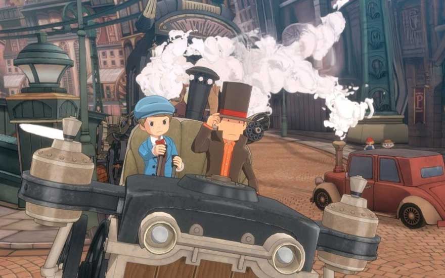 De jongen en de man rijden in een stoere stoomwagen door een oude stad, terwijl witte rook uit de motor opkringelt tussen de gebouwen.