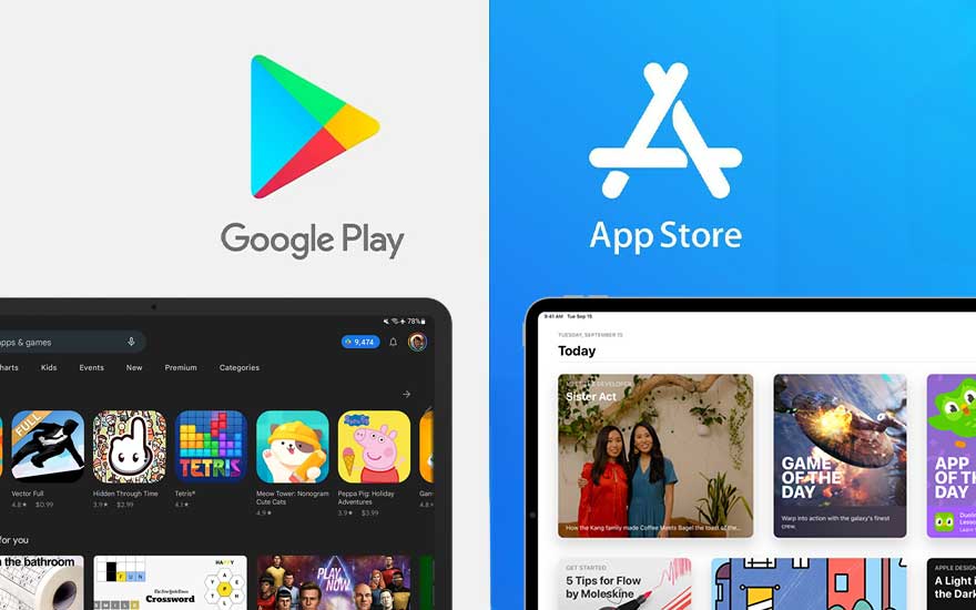 Comparaison des écrans d'accueil Google Play et App Store sur des tablettes, montrant les interfaces et les logos.