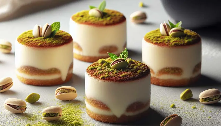 Quatre desserts individuels ronds avec des pistaches, sur une surface grise, décorés de poudre verte et de noix de pistache.