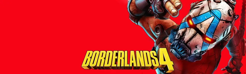 Ceci est un jeu vidéo. Un homme musclé avec un masque blanc-bleu et des yeux rouges tend le poing sur un fond rouge vif. Marque : Borderlands 4.