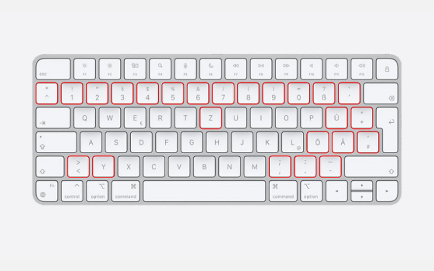 Clavier gris clair avec touches rectangulaires marquées de lettres et de chiffres, certaines mises en évidence en rouge.