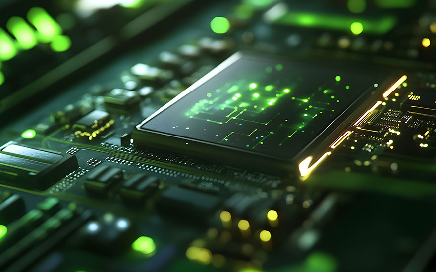 Een close-up van een groene printplaat met een chip en elektronische componenten, accenten van groen licht.