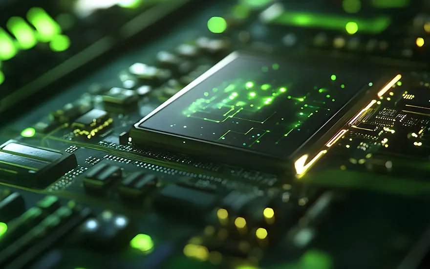 Een close-up van een groene printplaat met een chip en elektronische componenten, accenten van groen licht.
