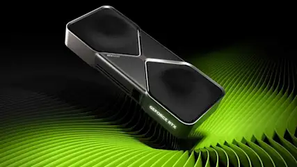 Carte graphique noire et argentée sur un fond vert ondulé, avec le texte "GEFORCE RTX".