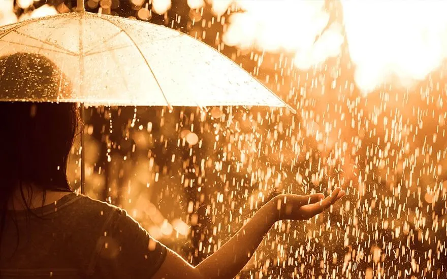 Een doorzichtige paraplu beschermt tegen een gouden regenbui. Een hand vangt de vallende druppels op, tegen een wazige achtergrond.