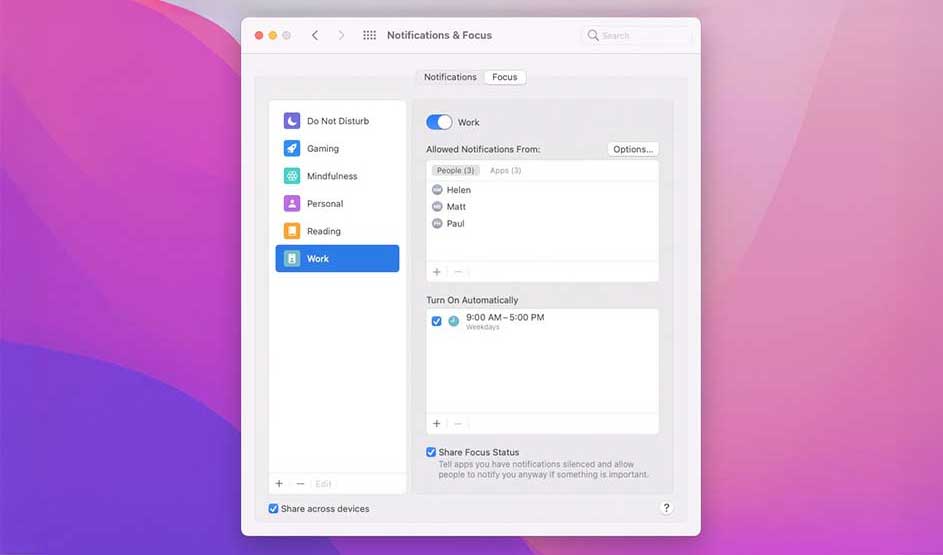 Fenêtre système "Notifications & Focus" ouverte, affichant les paramètres de mise au point "Travail" avec des options de personnalisation.