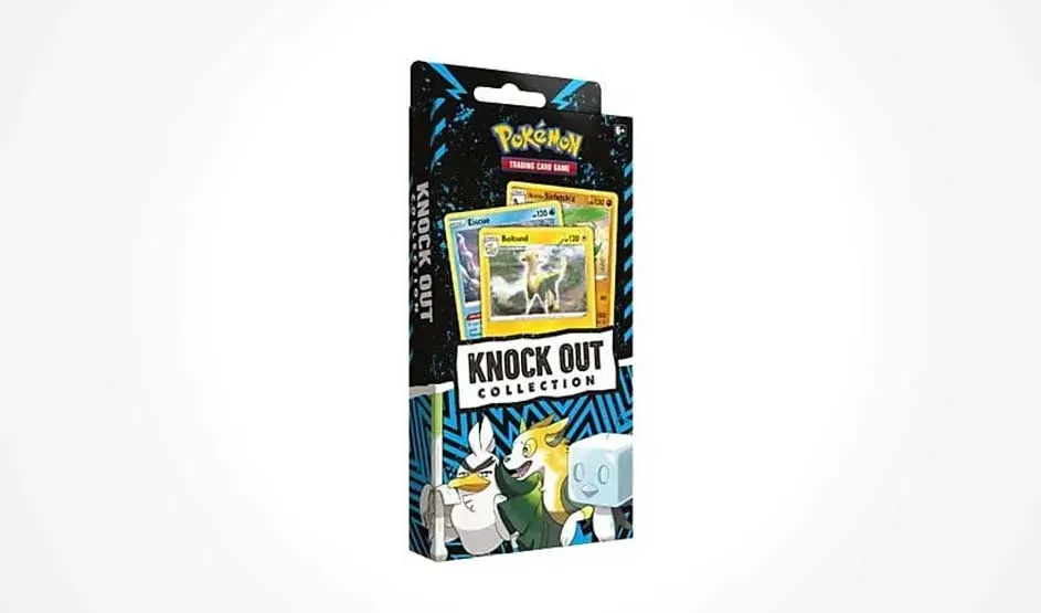 Un emballage fin Pokémon Knock Out Collection se détache sur fond blanc, montrant des cartes, le logo et des personnages colorés.