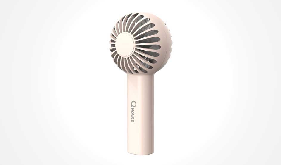 A compact, beige handheld fan with Qware branding is displayed; portable and simple, on a neutral background.