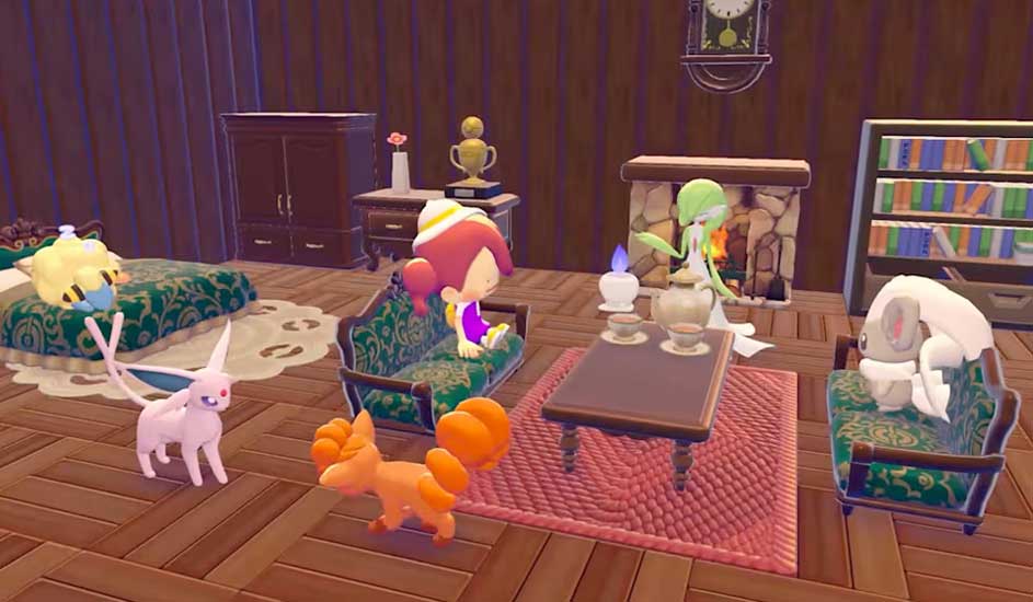 Cosy room where a child and various Pokémon are relaxing, sitting and playing around a fireplace and soft rugs.