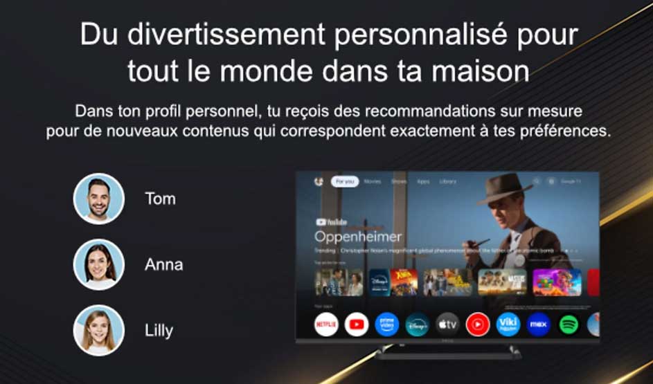 Une télévision affiche un menu de profils personnalisés avec recommandations, noms Tom, Anna, Lilly, et des applis comme Netflix et Spotify.