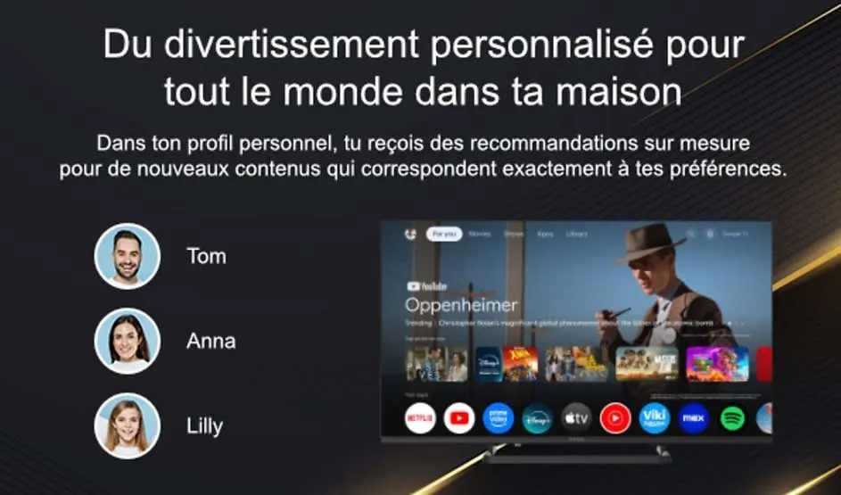 Une télévision affiche un menu de profils personnalisés avec recommandations, noms Tom, Anna, Lilly, et des applis comme Netflix et Spotify.
