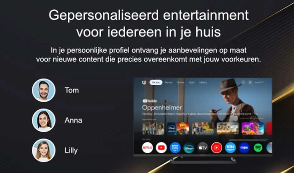 Een televisie toont een persoonlijk profielmenu met aanbevelingen, namen Tom, Anna en Lilly, en apps als Netflix en Spotify.