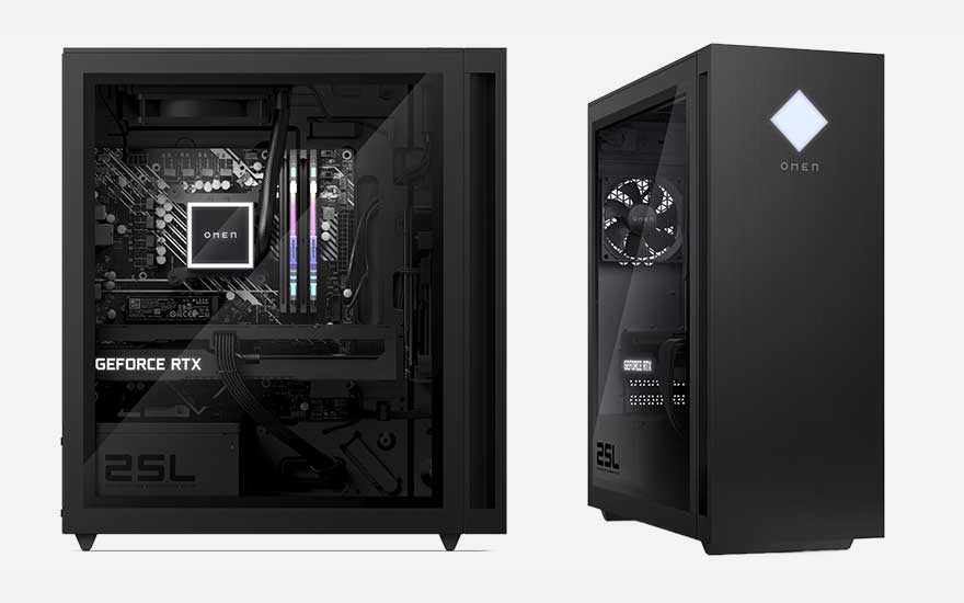 Deux PC gaming noirs OMEN : à gauche un boîtier ouvert avec carte GeForce RTX et éclairage RGB, à droite une tour fermée au design minimaliste.