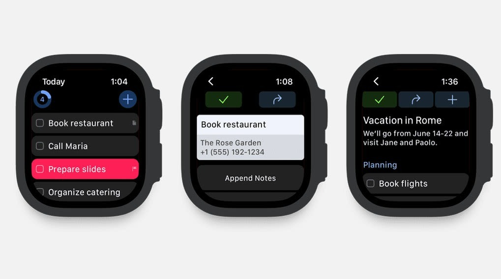 Drie smartwatches tonen een to-do-lijst app met taken zoals 'Restaurant reserveren' en 'Vakantie in Rome plannen'.