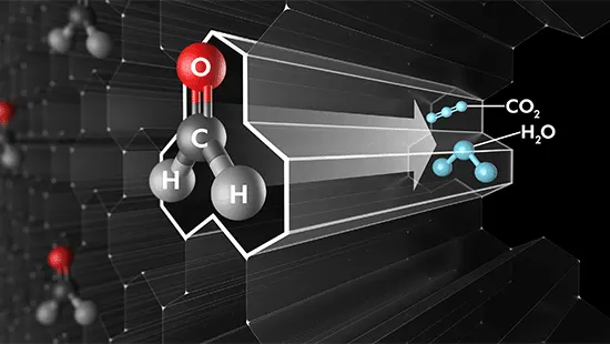 Molécule avec des atomes rouges, gris et bleus dans une structure hexagonale grise, avec une flèche blanche.