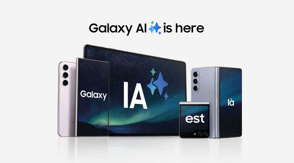 Une gamme de smartphones, tablette et modèles pliables Galaxy est alignée devant un ciel étoilé, accompagnée du slogan “Galaxy AI is here”.