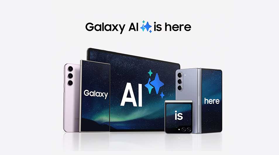 A line up van Galaxy smartphones, tablet en opvouwbare modellen staat voor een nachtelijke sterrenhemel, onder de tekst “Galaxy AI is here”.