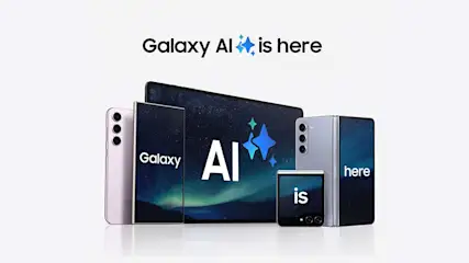 Een reeks Galaxy toestellen, van smartphone tot tablet en foldable, staan samen in het donkerblauwe sterrenbeeld, met de slogan “Galaxy AI is here”.
