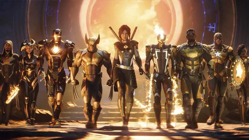 Un groupe de personnages en armure dorée et noire se tient devant un cercle lumineux orange.