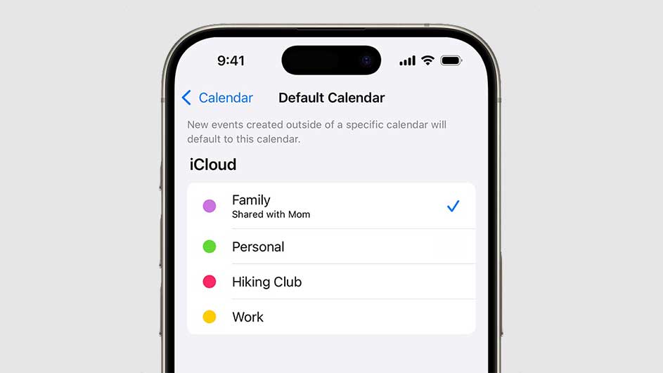 Een iPhone toont de kalenderinstellingen met opties zoals 'Familie', 'Persoonlijk', 'Wandelclub' en 'Werk', elk met een eigen kleur.